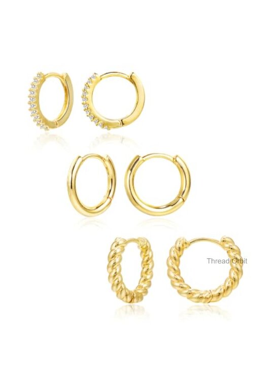 Jewelry - 3 Pairs Small Huggie Hoop Earrings Set Hypoallergenic 14k Gold Plated